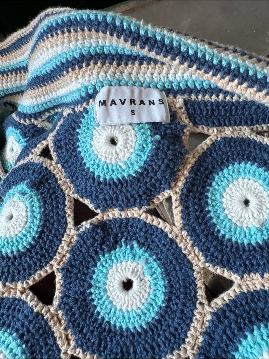 Men’s Crochet Button-Down Shirt Jacket - Blue & Cream Circle Motif — image 3 of 4